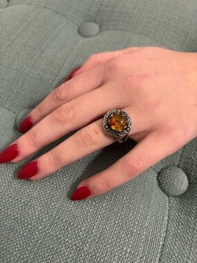 Sterling Silver Amber Glass Statement Ring - Orange Gem